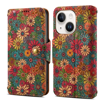 For iPhone 13 Denior Flower Language Series Cork Fabric Oil Edge Leather Phone Case(Spring) - iPhone 13 Cases by Denior | Online Shopping UK | buy2fix