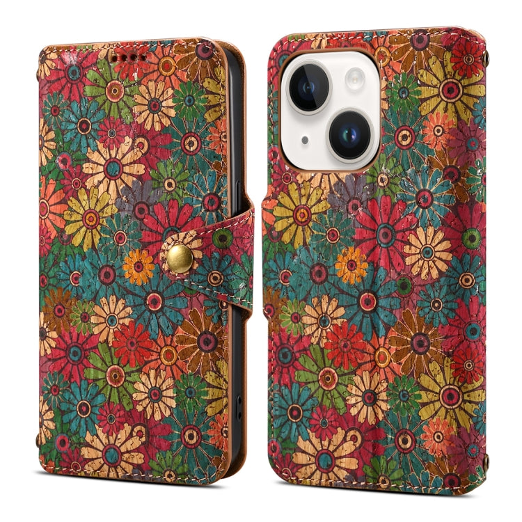 For iPhone 15 Plus Denior Flower Language Series Cork Fabric Oil Edge Leather Phone Case(Spring) - iPhone 15 Plus Cases by Denior | Online Shopping UK | buy2fix