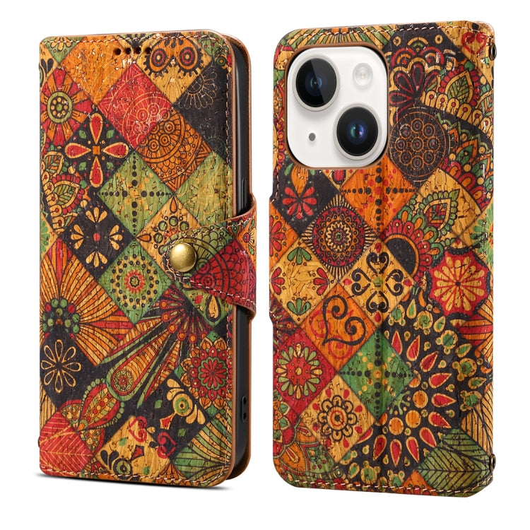 For iPhone 15 Plus Denior Flower Language Series Cork Fabric Oil Edge Leather Phone Case(Autumn) - iPhone 15 Plus Cases by Denior | Online Shopping UK | buy2fix