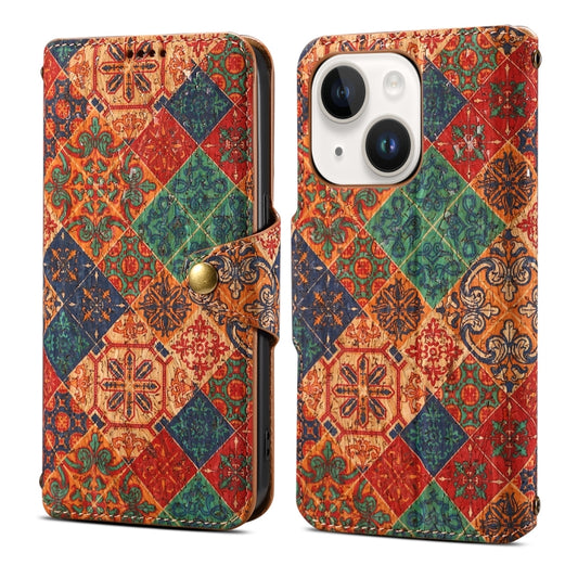 For iPhone 15 Plus Denior Flower Language Series Cork Fabric Oil Edge Leather Phone Case(Winter) - iPhone 15 Plus Cases by Denior | Online Shopping UK | buy2fix