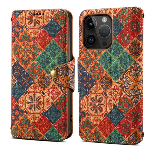 For iPhone 15 Pro Denior Flower Language Series Cork Fabric Oil Edge Leather Phone Case(Winter) - iPhone 15 Pro Cases by Denior | Online Shopping UK | buy2fix