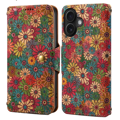 For iPhone 16 Denior Flower Language Series Cork Fabric Oil Edge Leather Phone Case(Spring) - iPhone 16 Cases by Denior | Online Shopping UK | buy2fix