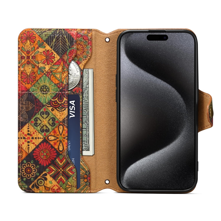 For iPhone 16 Plus Denior Flower Language Series Cork Fabric Oil Edge Leather Phone Case(Autumn) - iPhone 16 Plus Cases by Denior | Online Shopping UK | buy2fix