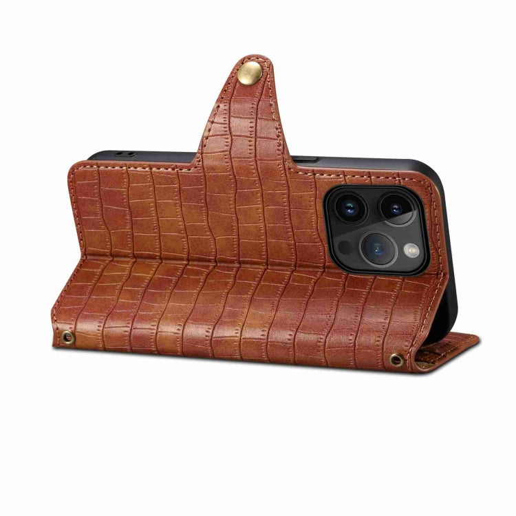 For iPhone 15 Denior Crocodile Texture Oil Edge Leather Phone Case(Brown) - iPhone 15 Cases by Denior | Online Shopping UK | buy2fix