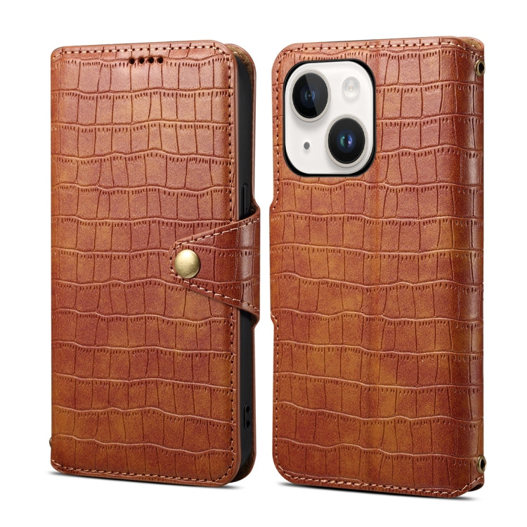 For iPhone 14 Denior Crocodile Texture Oil Edge Leather Phone Case(Brown) - iPhone 14 Cases by Denior | Online Shopping UK | buy2fix