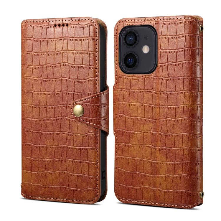 For iPhone 12 Denior Crocodile Texture Oil Edge Leather Phone Case(Brown) - iPhone 12 / 12 Pro Cases by Denior | Online Shopping UK | buy2fix