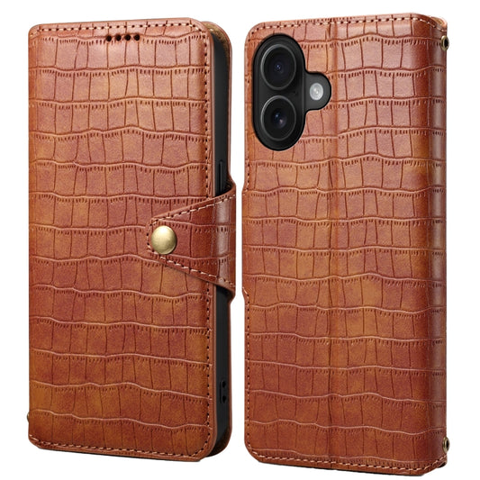 For iPhone 16 Denior Crocodile Texture Oil Edge Leather Phone Case(Brown) - iPhone 16 Cases by Denior | Online Shopping UK | buy2fix