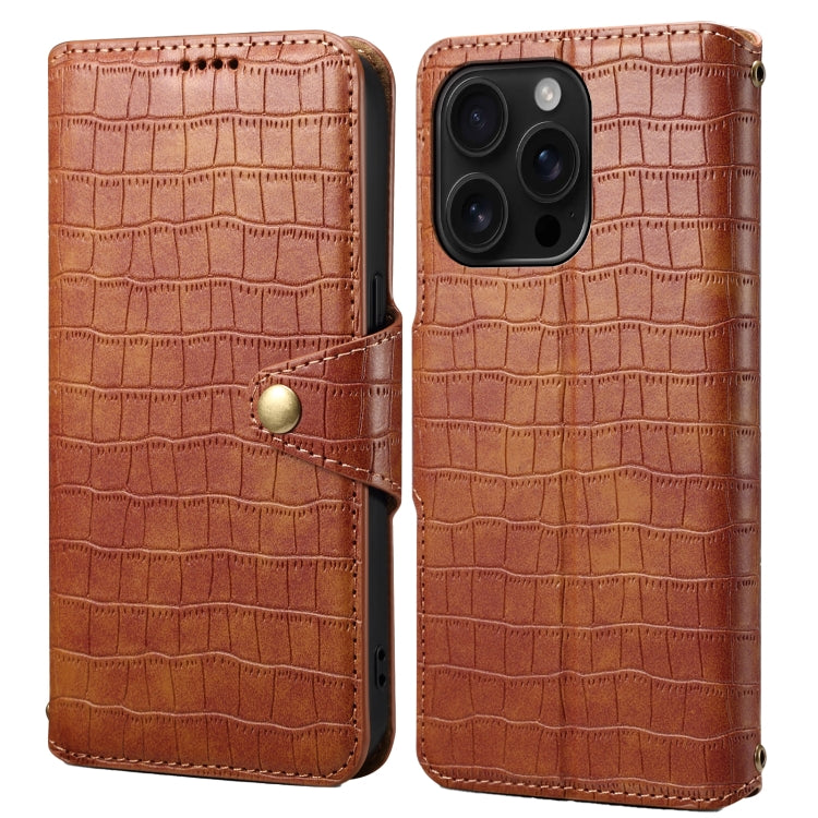 For iPhone 16 Pro Denior Crocodile Texture Oil Edge Leather Phone Case(Brown) - iPhone 16 Pro Cases by Denior | Online Shopping UK | buy2fix