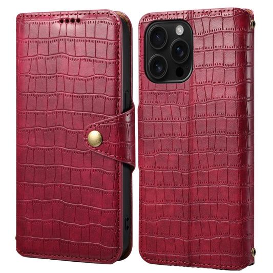 For iPhone 16 Pro Max Denior Crocodile Texture Oil Edge Leather Phone Case(Rose Red) - iPhone 16 Pro Max Cases by Denior | Online Shopping UK | buy2fix