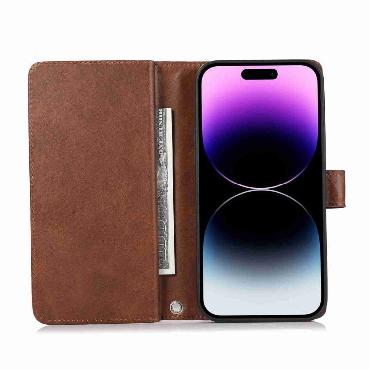 For iPhone 14 Plus Wristband Card Slot Leather Phone Case(Coffee) - iPhone 14 Plus Cases by buy2fix | Online Shopping UK | buy2fix
