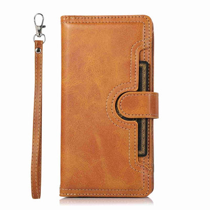 For iPhone 15 Plus Wristband Card Slot Leather Phone Case(Brown) - iPhone 15 Plus Cases by buy2fix | Online Shopping UK | buy2fix