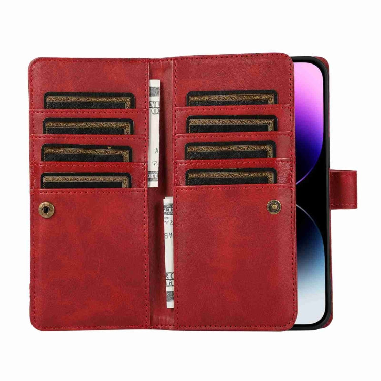 For iPhone 15 Plus Wristband Card Slot Leather Phone Case(Red) - iPhone 15 Plus Cases by buy2fix | Online Shopping UK | buy2fix
