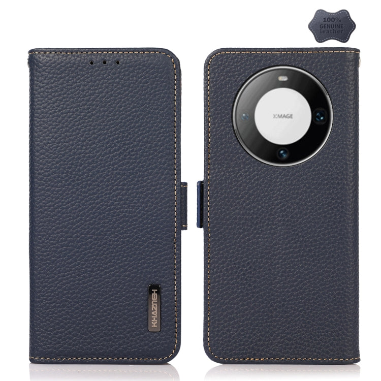 For Huawei Mate 60 KHAZNEH Side-Magnetic Litchi Genuine Leather RFID Case(Blue) - Huawei Cases by buy2fix | Online Shopping UK | buy2fix