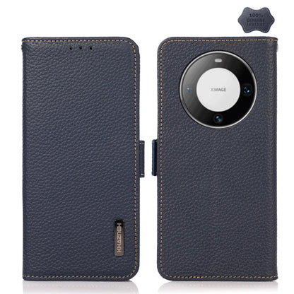 For Huawei Mate 60 KHAZNEH Side-Magnetic Litchi Genuine Leather RFID Case(Blue) - Huawei Cases by buy2fix | Online Shopping UK | buy2fix