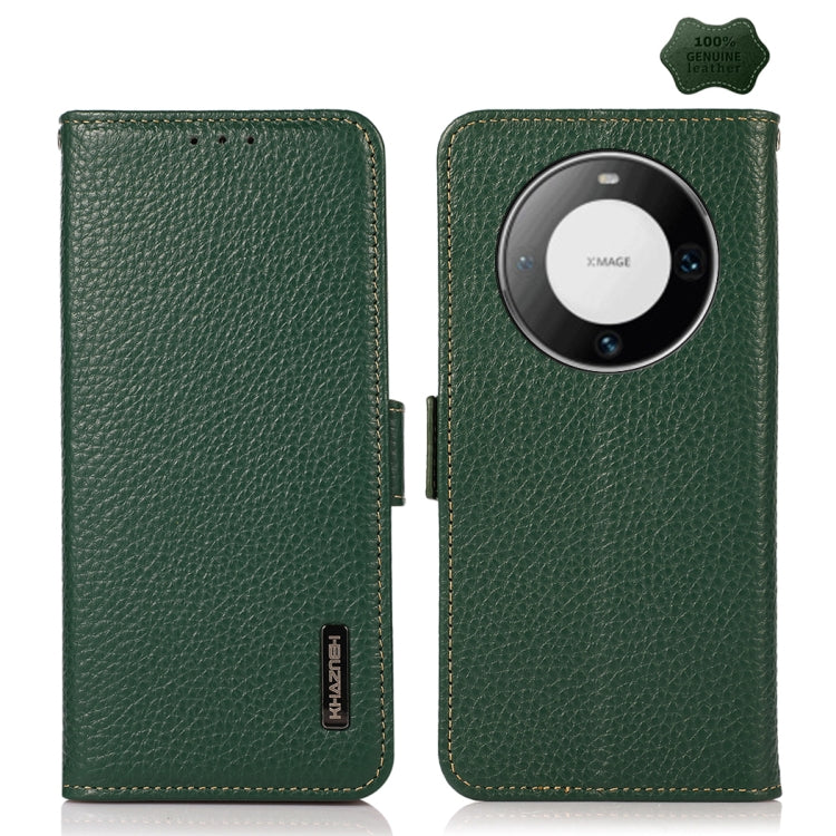 For Huawei Mate 60 KHAZNEH Side-Magnetic Litchi Genuine Leather RFID Case(Green) - Huawei Cases by buy2fix | Online Shopping UK | buy2fix