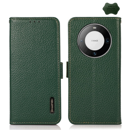 For Huawei Mate 60 KHAZNEH Side-Magnetic Litchi Genuine Leather RFID Case(Green) - Huawei Cases by buy2fix | Online Shopping UK | buy2fix