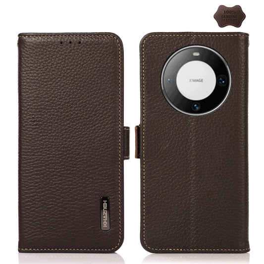 For Huawei Mate 60 KHAZNEH Side-Magnetic Litchi Genuine Leather RFID Case(Brown) - Huawei Cases by buy2fix | Online Shopping UK | buy2fix