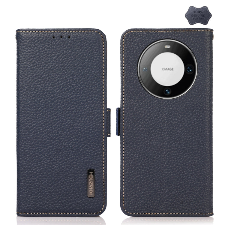 For Huawei Mate 60 Pro KHAZNEH Side-Magnetic Litchi Genuine Leather RFID Case(Blue) - Huawei Cases by buy2fix | Online Shopping UK | buy2fix