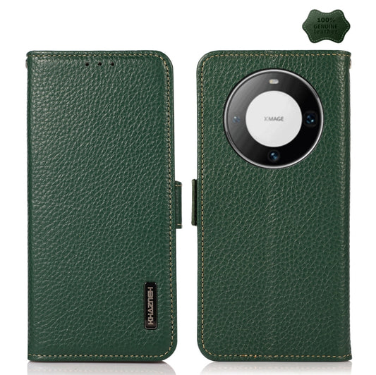 For Huawei Mate 60 Pro KHAZNEH Side-Magnetic Litchi Genuine Leather RFID Case(Green) - Huawei Cases by buy2fix | Online Shopping UK | buy2fix