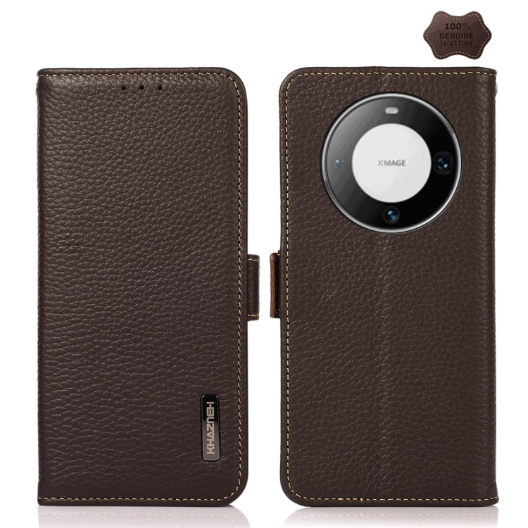 For Huawei Mate 60 Pro KHAZNEH Side-Magnetic Litchi Genuine Leather RFID Case(Brown) - Huawei Cases by buy2fix | Online Shopping UK | buy2fix