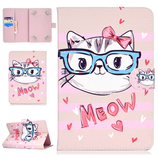For 8 inch Universal Tablet PC Colored Drawing Pattern Horizontal Flip PU Leather Case with Holder & Card Slot(Glasses Cat) - 7 inch by buy2fix | Online Shopping UK | buy2fix