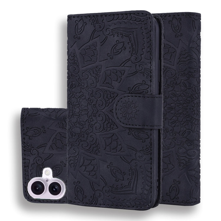 For iPhone 16 Plus Mandala Embossed Dual-Fold Calf Leather Phone Case(Black) by buy2fix