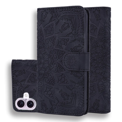 For iPhone 16 Plus Mandala Embossed Dual-Fold Calf Leather Phone Case(Black) by buy2fix
