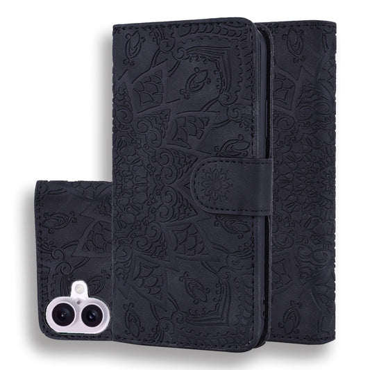 For iPhone 16 Plus Mandala Embossed Dual-Fold Calf Leather Phone Case(Black) by buy2fix