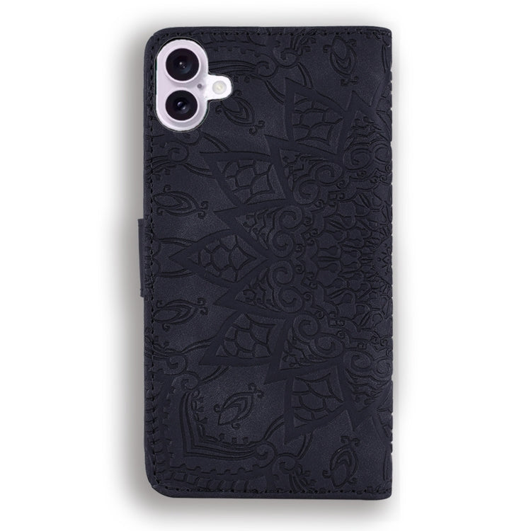 For iPhone 16 Plus Mandala Embossed Dual-Fold Calf Leather Phone Case(Black) by buy2fix