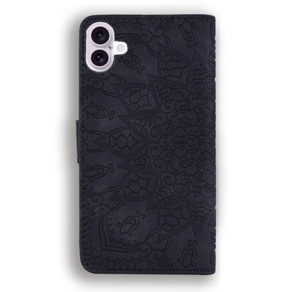 For iPhone 16 Plus Mandala Embossed Dual-Fold Calf Leather Phone Case(Black) by buy2fix