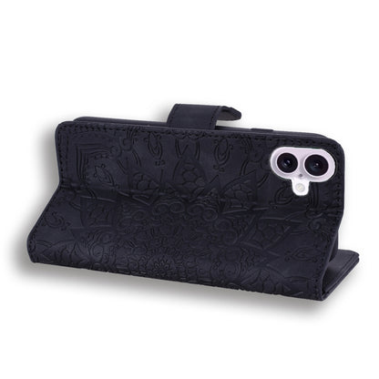 For iPhone 16 Plus Mandala Embossed Dual-Fold Calf Leather Phone Case(Black) by buy2fix