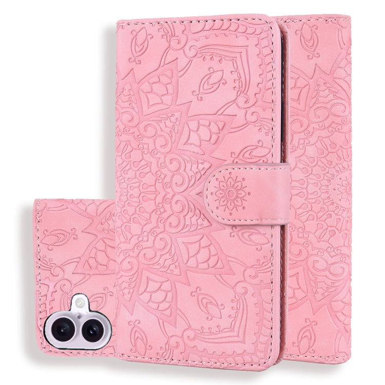 For iPhone 16 Plus Mandala Embossed Dual-Fold Calf Leather Phone Case(Pink) by buy2fix