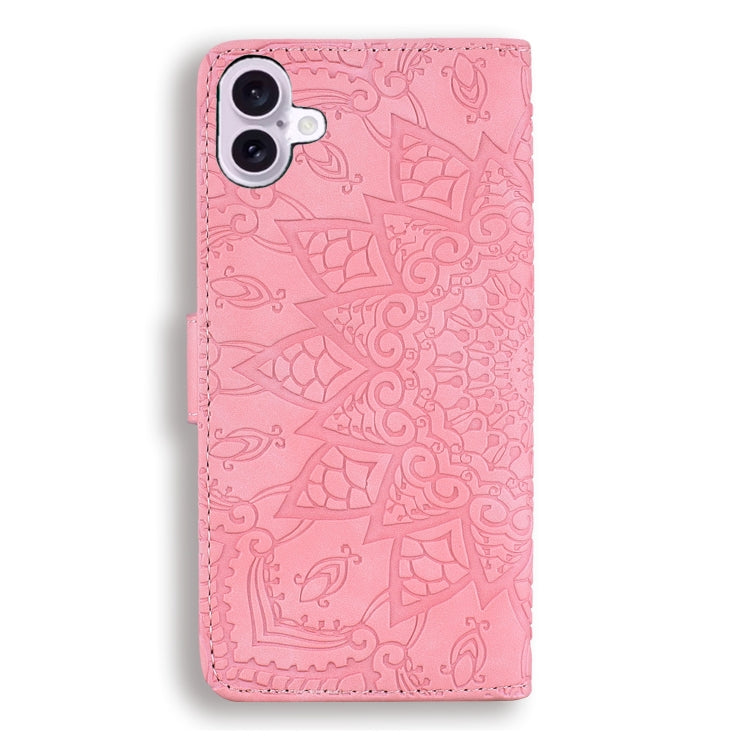 For iPhone 16 Plus Mandala Embossed Dual-Fold Calf Leather Phone Case(Pink) by buy2fix