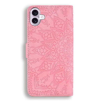 For iPhone 16 Plus Mandala Embossed Dual-Fold Calf Leather Phone Case(Pink) by buy2fix