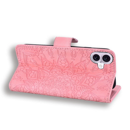 For iPhone 16 Plus Mandala Embossed Dual-Fold Calf Leather Phone Case(Pink) by buy2fix