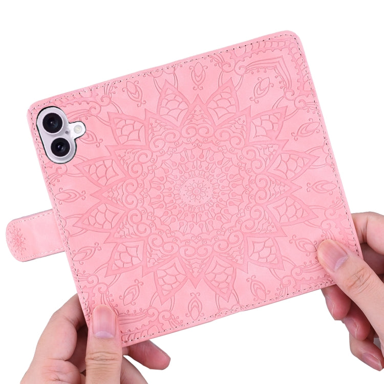 For iPhone 16 Plus Mandala Embossed Dual-Fold Calf Leather Phone Case(Pink) by buy2fix