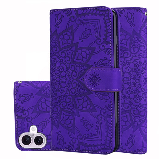 For iPhone 16 Plus Mandala Embossed Dual-Fold Calf Leather Phone Case(Purple) by buy2fix