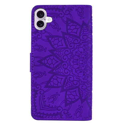 For iPhone 16 Plus Mandala Embossed Dual-Fold Calf Leather Phone Case(Purple) by buy2fix