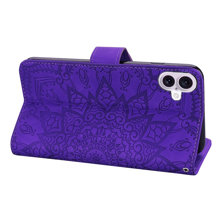For iPhone 16 Plus Mandala Embossed Dual-Fold Calf Leather Phone Case(Purple) by buy2fix
