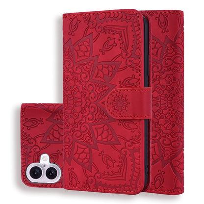 For iPhone 16 Plus Mandala Embossed Dual-Fold Calf Leather Phone Case(Red) by buy2fix