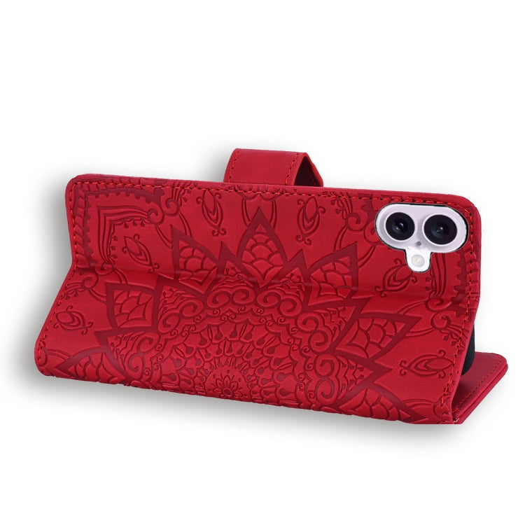 For iPhone 16 Plus Mandala Embossed Dual-Fold Calf Leather Phone Case(Red) by buy2fix