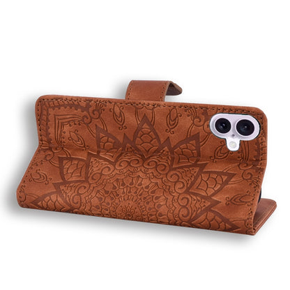 For iPhone 16 Mandala Embossed Dual-Fold Calf Leather Phone Case(Brown) - iPhone 16 Cases by buy2fix | Online Shopping UK | buy2fix