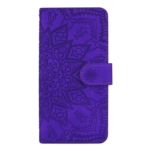 For iPhone 16 Mandala Embossed Dual-Fold Calf Leather Phone Case(Purple) by buy2fix