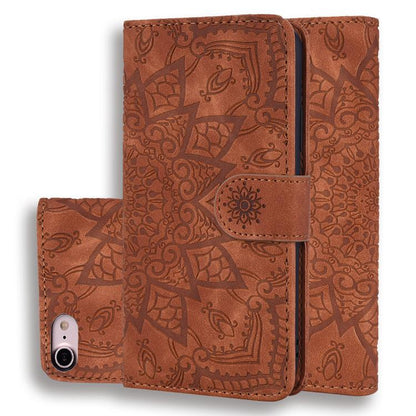 For iPhone 16e Mandala Embossed Dual-Fold Calf Leather Phone Case(Brown) - iPhone 16e Cases by buy2fix | Online Shopping UK | buy2fix