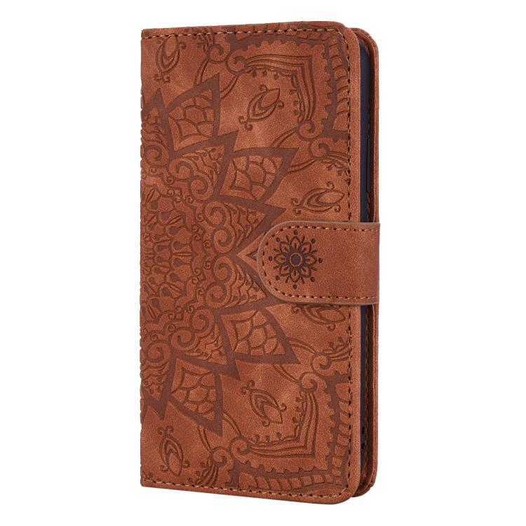 For iPhone 16e Mandala Embossed Dual-Fold Calf Leather Phone Case(Brown) - iPhone 16e Cases by buy2fix | Online Shopping UK | buy2fix