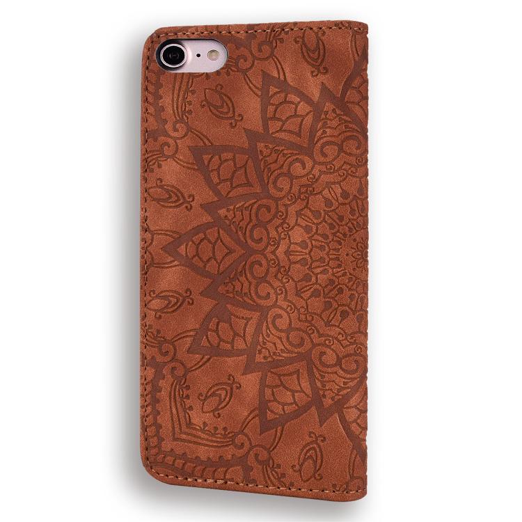 For iPhone 16e Mandala Embossed Dual-Fold Calf Leather Phone Case(Brown) - iPhone 16e Cases by buy2fix | Online Shopping UK | buy2fix