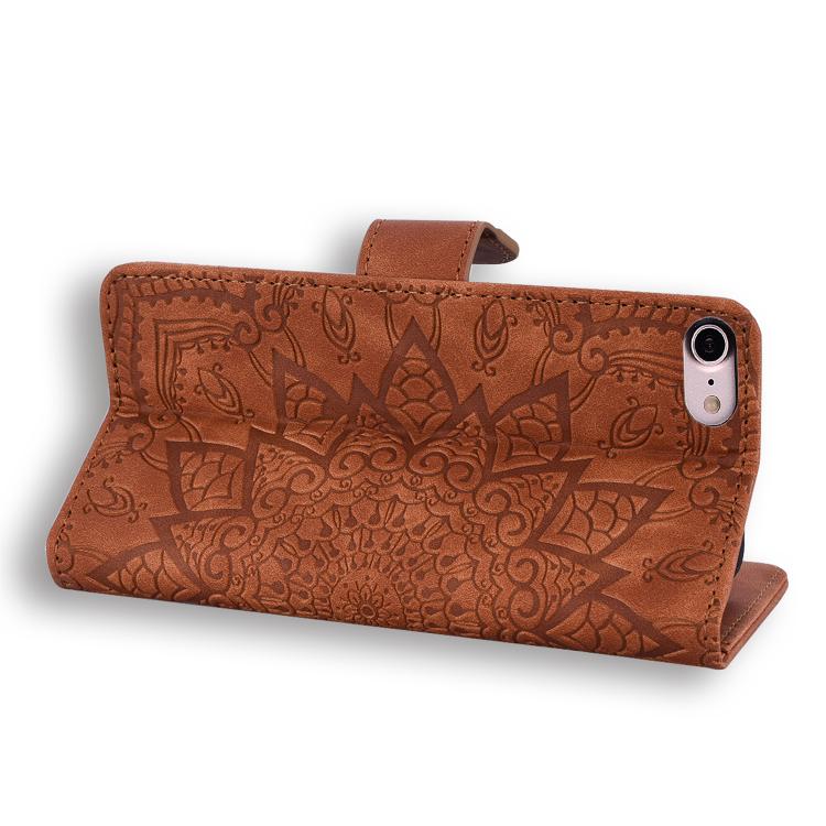 For iPhone 16e Mandala Embossed Dual-Fold Calf Leather Phone Case(Brown) - iPhone 16e Cases by buy2fix | Online Shopping UK | buy2fix