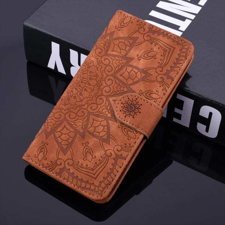 For iPhone 16e Mandala Embossed Dual-Fold Calf Leather Phone Case(Brown) - iPhone 16e Cases by buy2fix | Online Shopping UK | buy2fix