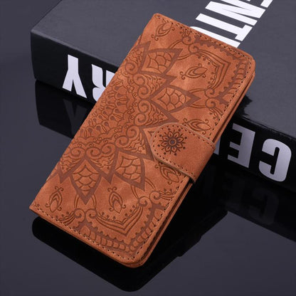 For iPhone 16e Mandala Embossed Dual-Fold Calf Leather Phone Case(Brown) - iPhone 16e Cases by buy2fix | Online Shopping UK | buy2fix