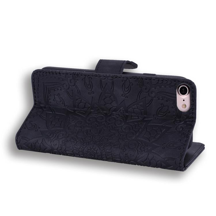 For iPhone 16e Mandala Embossed Dual-Fold Calf Leather Phone Case(Black) - iPhone 16e Cases by buy2fix | Online Shopping UK | buy2fix